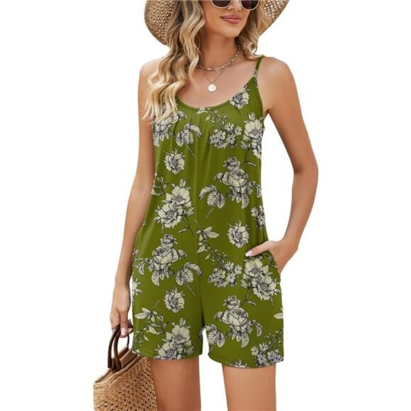 Womens Casual Summer Sleeveless Shorts Jumpsuits Armygreen Floral - Picture 1 of 1
